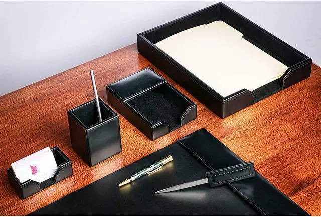 Alt view image 3 of 7 - Bonded Leather Desk Set - Luxury Leather Desk Pad & Desk Organization Essentials (Black, 6 Piece)