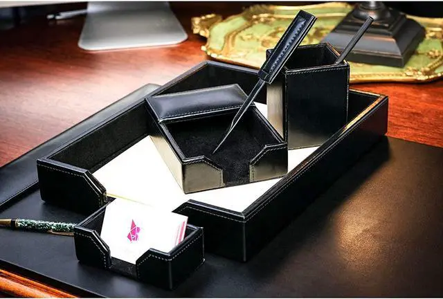Alt view image 4 of 7 - Bonded Leather Desk Set - Luxury Leather Desk Pad & Desk Organization Essentials (Black, 6 Piece)