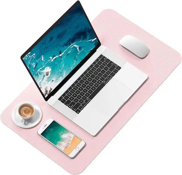 Alt view image 3 of 7 - Desk Pad, 23.6" x 13.8" PU Leather Desk Mat, M Extended Mouse Pad, Waterproof Desktop Blotter Protector, Non-Slip Ultra Thin Small Laptop Keyboard Writing Mat for Office Home, Pink