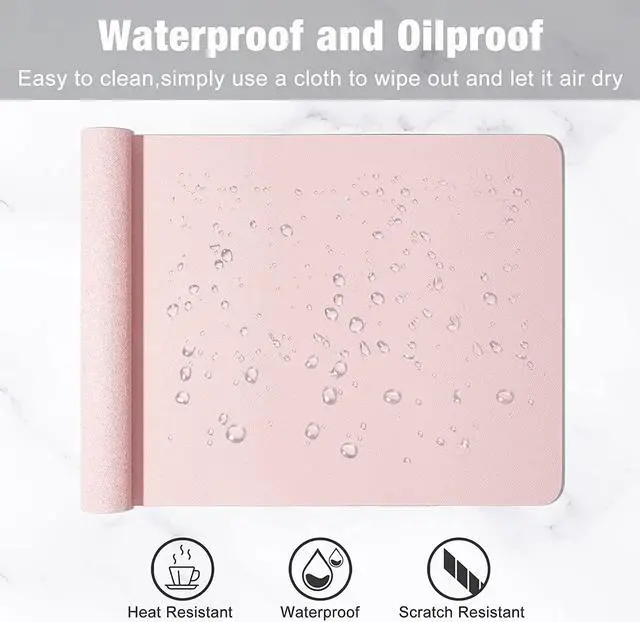 Alt view image 7 of 7 - Desk Pad, 23.6" x 13.8" PU Leather Desk Mat, M Extended Mouse Pad, Waterproof Desktop Blotter Protector, Non-Slip Ultra Thin Small Laptop Keyboard Writing Mat for Office Home, Pink