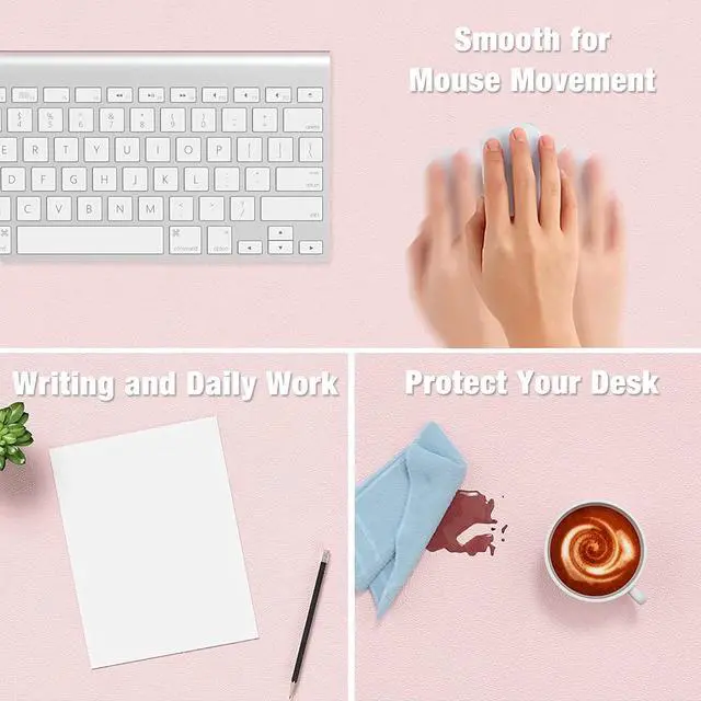 Alt view image 5 of 7 - Desk Pad, 23.6" x 13.8" PU Leather Desk Mat, M Extended Mouse Pad, Waterproof Desktop Blotter Protector, Non-Slip Ultra Thin Small Laptop Keyboard Writing Mat for Office Home, Pink