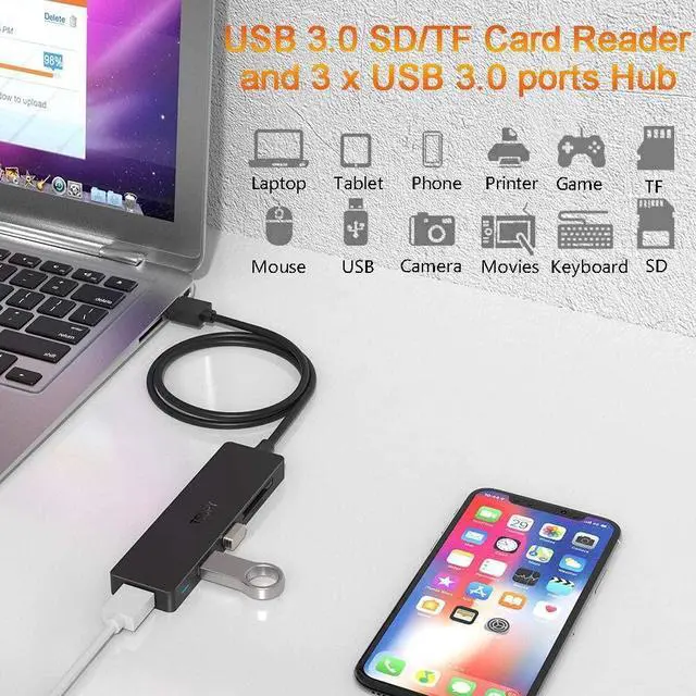 Alt view image 4 of 7 - USB Hub 3.0 Splitter USB 3.0 Hub Multi USB Adapter Port Expander with 4ft Cable SD/TF Card Reader & 3 USB 3.0 Ports Compatible for PC Laptops Surface Pro MacBook iMac Pro