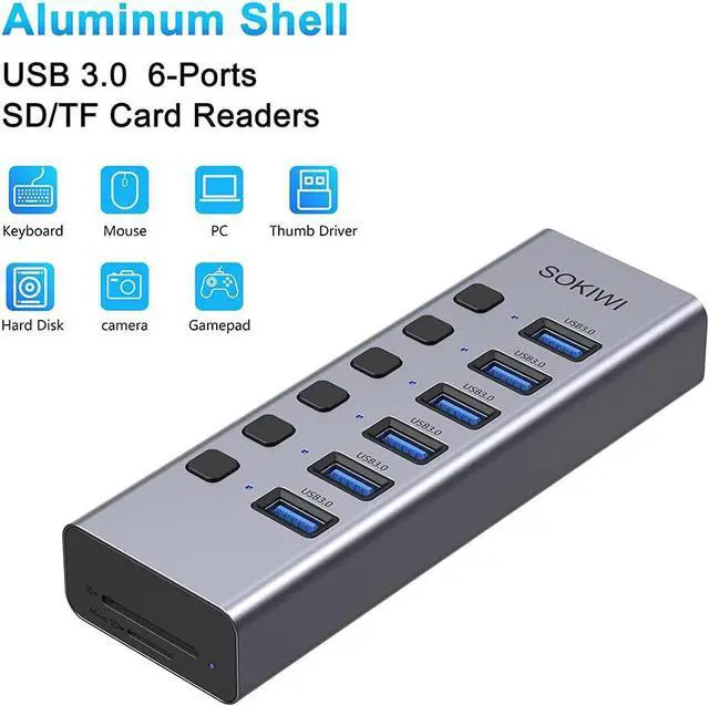 Alt view image 2 of 7 - Powered USB Hub, 8-Port USB Hub 3.0 with SD/TF Card Readers, USB 3.0 Port Hub with Individual On/Off Switches and 5V/4A Power Adapter, USB C Hub Splitter for Laptop