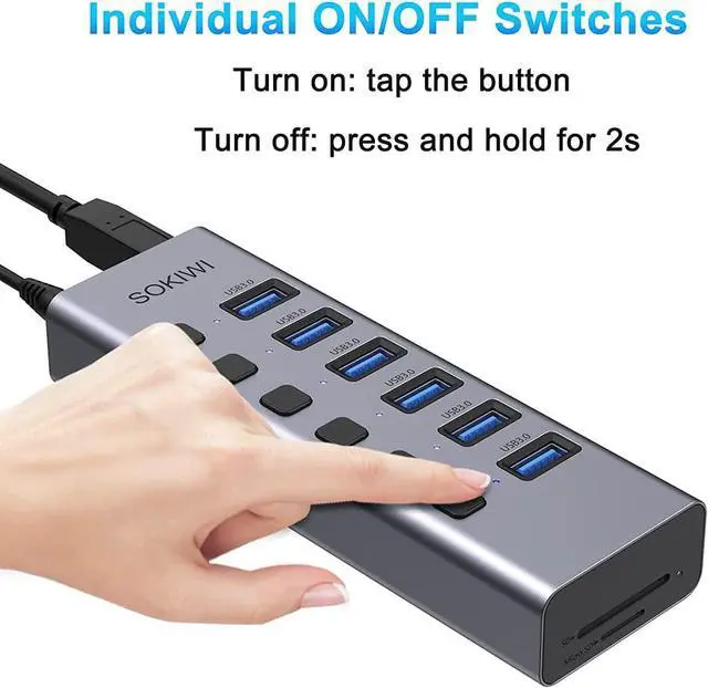 Alt view image 3 of 7 - Powered USB Hub, 8-Port USB Hub 3.0 with SD/TF Card Readers, USB 3.0 Port Hub with Individual On/Off Switches and 5V/4A Power Adapter, USB C Hub Splitter for Laptop