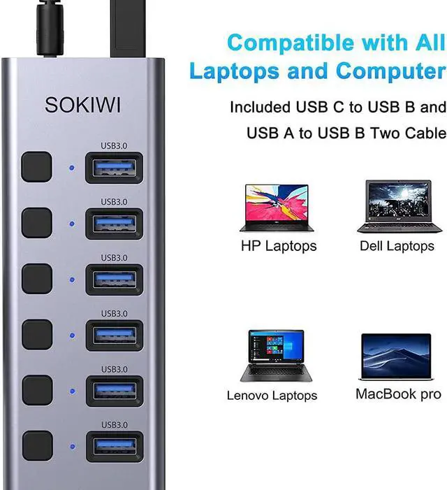 Alt view image 4 of 7 - Powered USB Hub, 8-Port USB Hub 3.0 with SD/TF Card Readers, USB 3.0 Port Hub with Individual On/Off Switches and 5V/4A Power Adapter, USB C Hub Splitter for Laptop