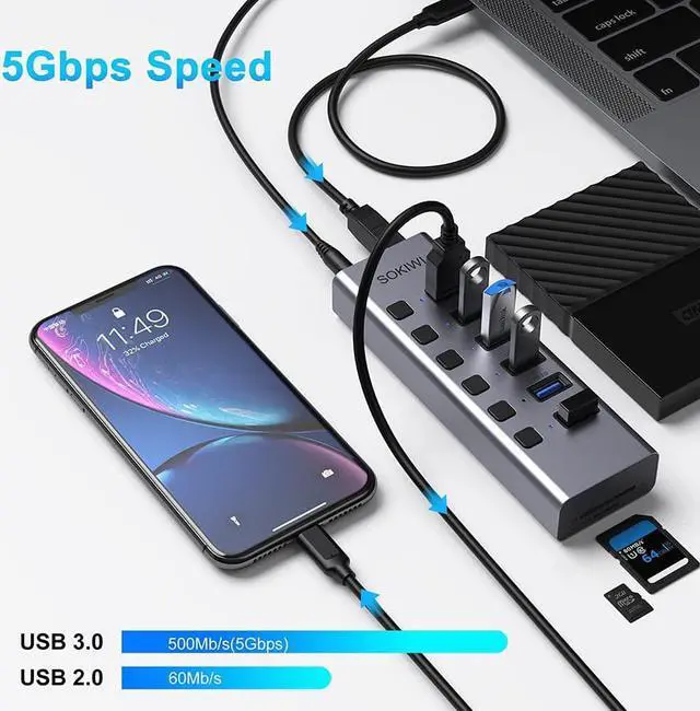 Alt view image 6 of 7 - Powered USB Hub, 8-Port USB Hub 3.0 with SD/TF Card Readers, USB 3.0 Port Hub with Individual On/Off Switches and 5V/4A Power Adapter, USB C Hub Splitter for Laptop