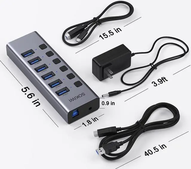 Alt view image 7 of 7 - Powered USB Hub, 8-Port USB Hub 3.0 with SD/TF Card Readers, USB 3.0 Port Hub with Individual On/Off Switches and 5V/4A Power Adapter, USB C Hub Splitter for Laptop