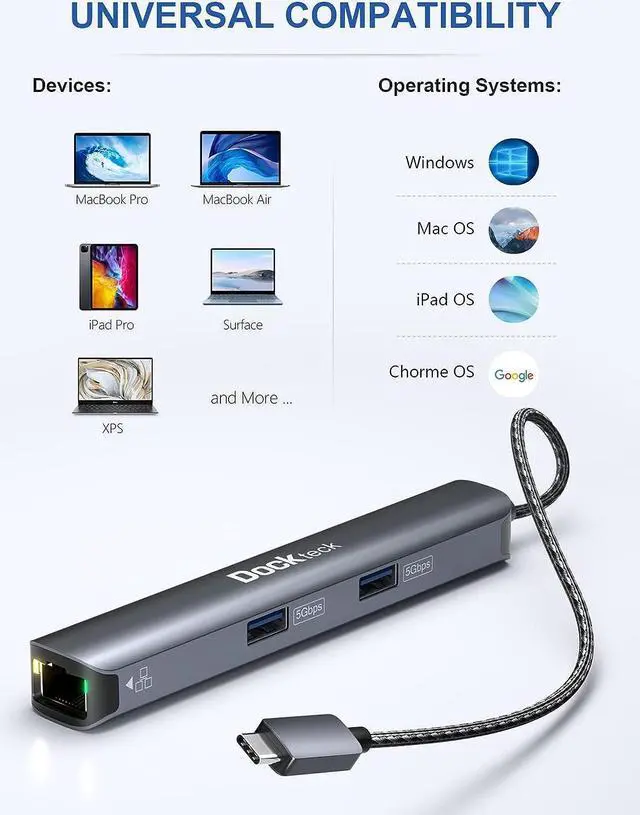 Alt view image 5 of 7 - USB C Hub Ethernet,6 in 1 Laptop Docking Station, Dockteck USB C Multiport Adapter with 4K@60Hz HDMI, 100W PD, 1Gbps LAN, 2 USB 3.0 for MacBook Pro/Air, Surface Pro, XPS and More