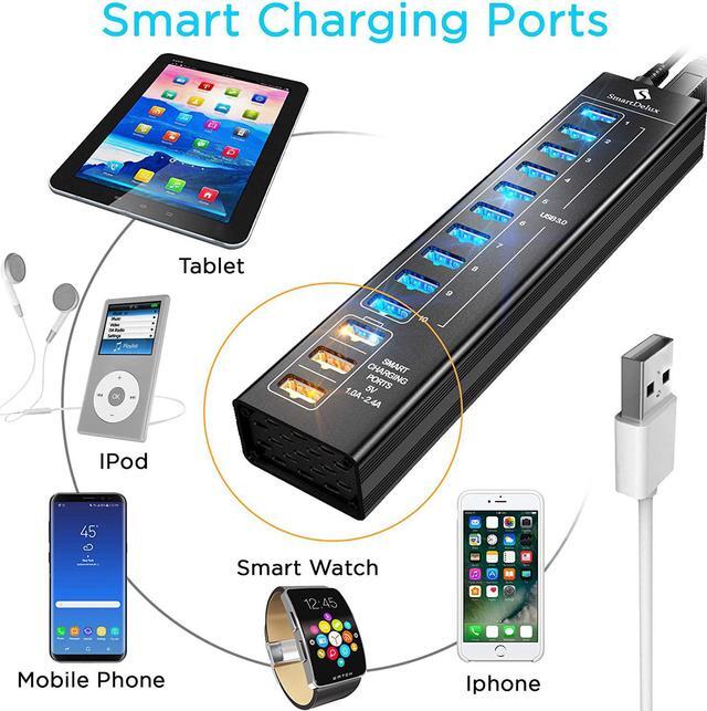Alt view image 7 of 7 - SmartDelux Powered USB Hub - 13-Port USB 3.0 Hub with 10 USB 3.0 Ports, 3 Smart Charging Ports, Power Adapter, Long Cord, LEDs - Black Aluminum