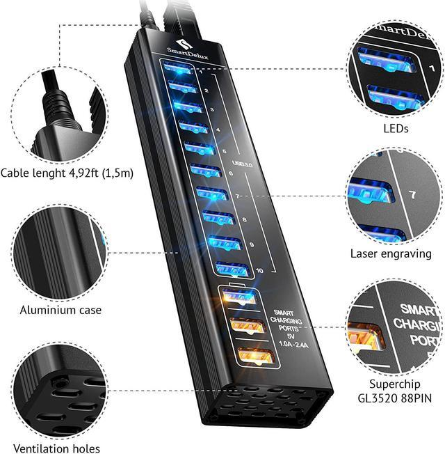Alt view image 3 of 7 - SmartDelux Powered USB Hub - 13-Port USB 3.0 Hub with 10 USB 3.0 Ports, 3 Smart Charging Ports, Power Adapter, Long Cord, LEDs - Black Aluminum