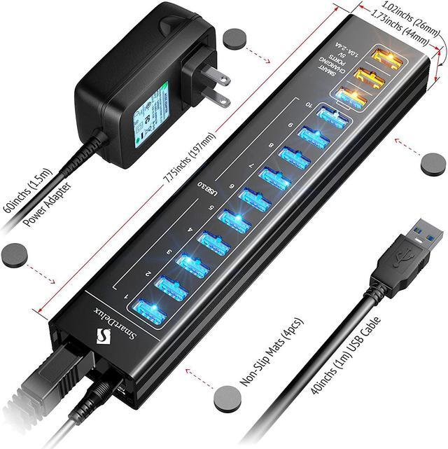 Alt view image 4 of 7 - SmartDelux Powered USB Hub - 13-Port USB 3.0 Hub with 10 USB 3.0 Ports, 3 Smart Charging Ports, Power Adapter, Long Cord, LEDs - Black Aluminum