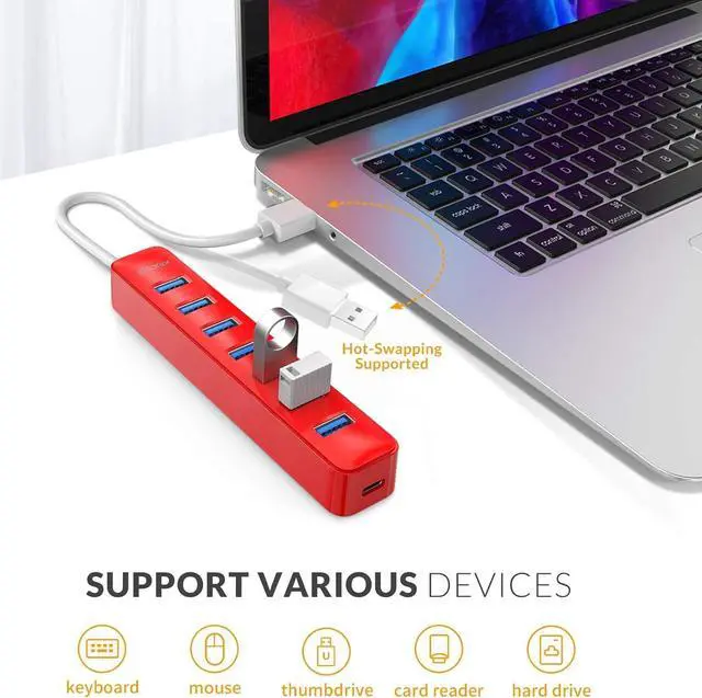 Alt view image 2 of 7 - iDsonix USB Hub 3.0, 7 Port USB Hub Splitter, USB Hub for Laptop, iMac, Surface Pro, XPS, USB Flash Drives, Mobile HDD, Printer, Camera, and More -Red