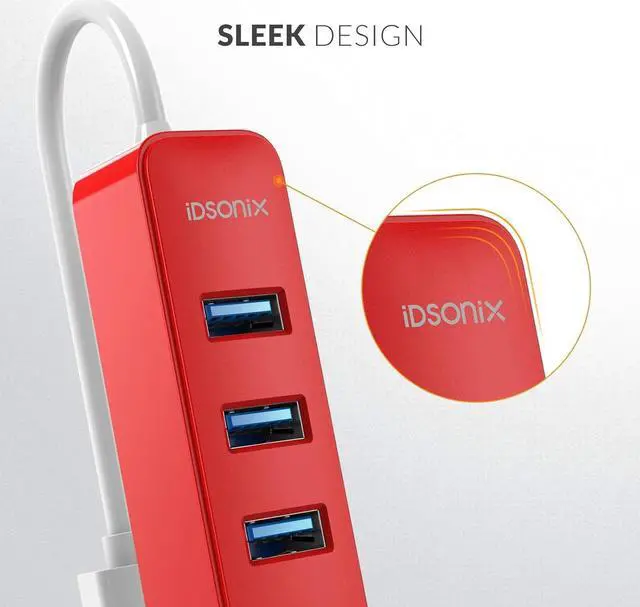 Alt view image 7 of 7 - iDsonix USB Hub 3.0, 7 Port USB Hub Splitter, USB Hub for Laptop, iMac, Surface Pro, XPS, USB Flash Drives, Mobile HDD, Printer, Camera, and More -Red