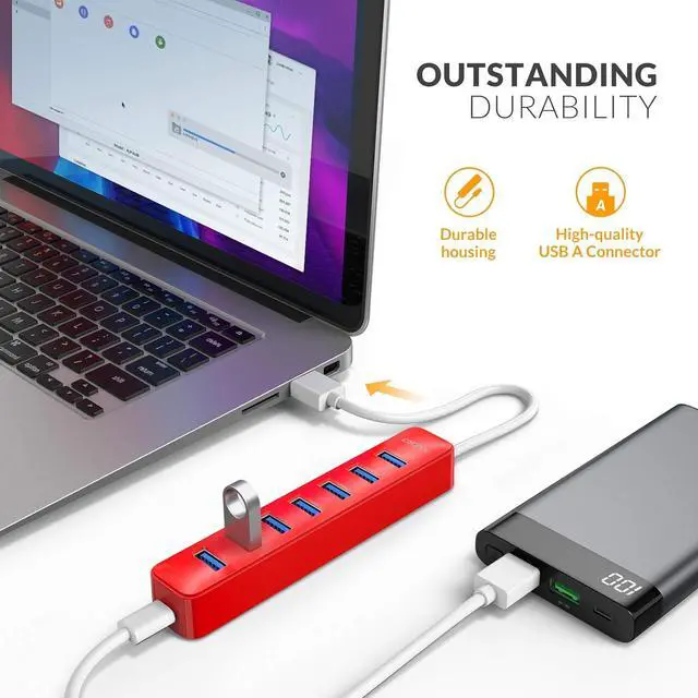 Alt view image 4 of 7 - iDsonix USB Hub 3.0, 7 Port USB Hub Splitter, USB Hub for Laptop, iMac, Surface Pro, XPS, USB Flash Drives, Mobile HDD, Printer, Camera, and More -Red