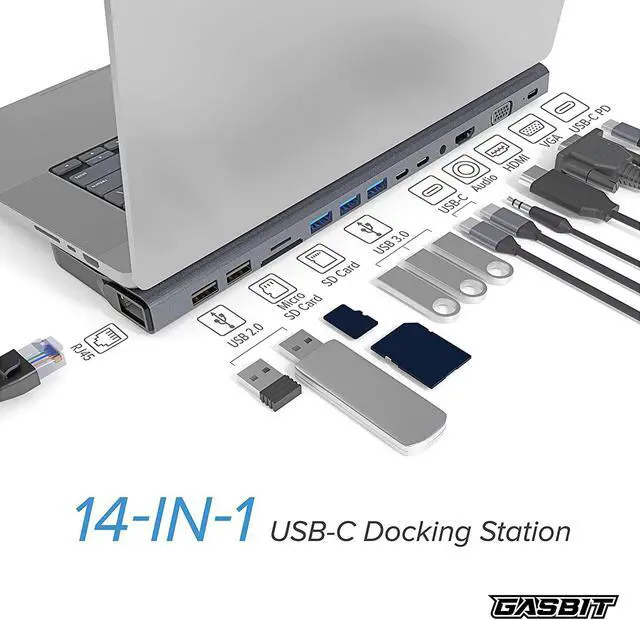 Alt view image 2 of 7 - Docking Station Dual Monitor 14 in 1. for MacBook Pro/Air, Dell, Lenovo, HP - 4K HDMI, VGA, Ethernet RJ 4;5 SD/MicroSD Card Reader; 2 USB 2.0; 3 USB 3.0; 2 USB-C Data; 1 USB-C PD & Audio Jack
