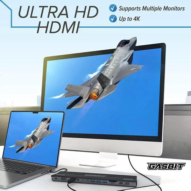 Alt view image 3 of 7 - Docking Station Dual Monitor 14 in 1. for MacBook Pro/Air, Dell, Lenovo, HP - 4K HDMI, VGA, Ethernet RJ 4;5 SD/MicroSD Card Reader; 2 USB 2.0; 3 USB 3.0; 2 USB-C Data; 1 USB-C PD & Audio Jack