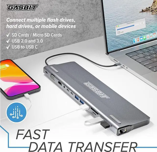 Alt view image 5 of 7 - Docking Station Dual Monitor 14 in 1. for MacBook Pro/Air, Dell, Lenovo, HP - 4K HDMI, VGA, Ethernet RJ 4;5 SD/MicroSD Card Reader; 2 USB 2.0; 3 USB 3.0; 2 USB-C Data; 1 USB-C PD & Audio Jack