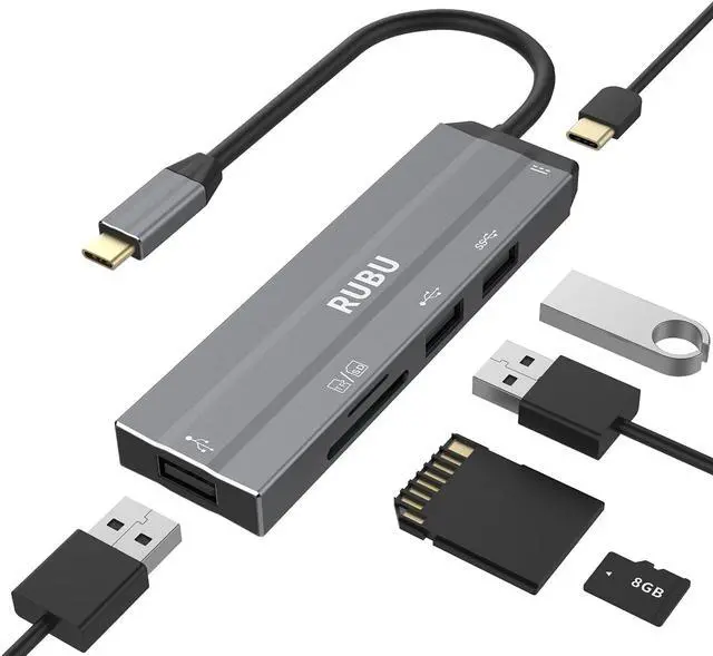 Main image of USB C Hub, RUBU 6 in 1 Type C to Multi Port Adapter Ultra-Slim USB Hub with 20W PD, USB-C Data Port, USB 2.0 USB 3.0 5Gbps and SD/TF Docking Station, for Mac Book Pro & PC and More