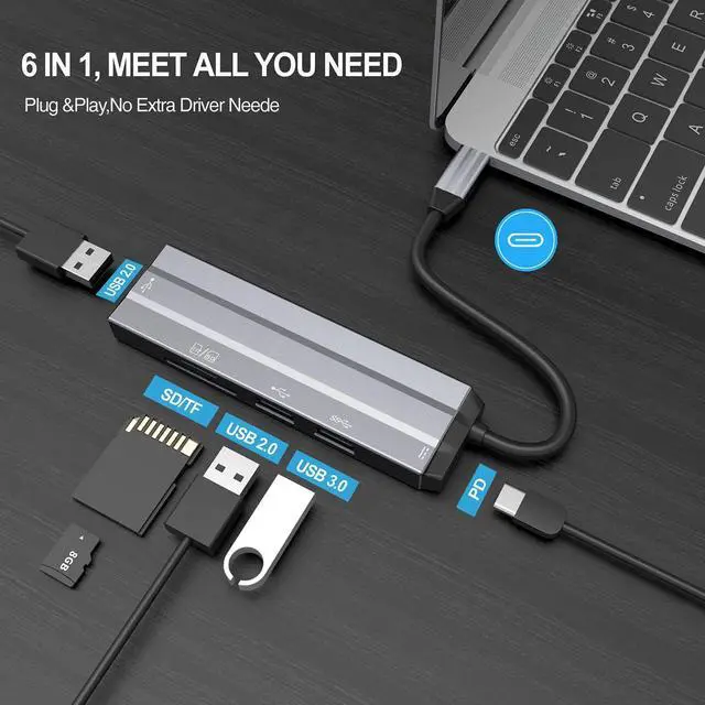 Alt view image 3 of 7 - USB C Hub, RUBU 6 in 1 Type C to Multi Port Adapter Ultra-Slim USB Hub with 20W PD, USB-C Data Port, USB 2.0 USB 3.0 5Gbps and SD/TF Docking Station, for Mac Book Pro & PC and More