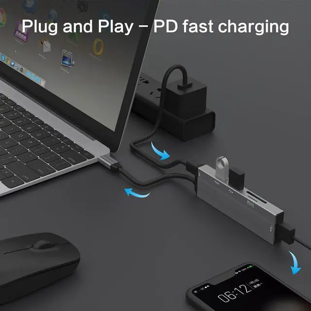 Alt view image 5 of 7 - USB C Hub, RUBU 6 in 1 Type C to Multi Port Adapter Ultra-Slim USB Hub with 20W PD, USB-C Data Port, USB 2.0 USB 3.0 5Gbps and SD/TF Docking Station, for Mac Book Pro & PC and More