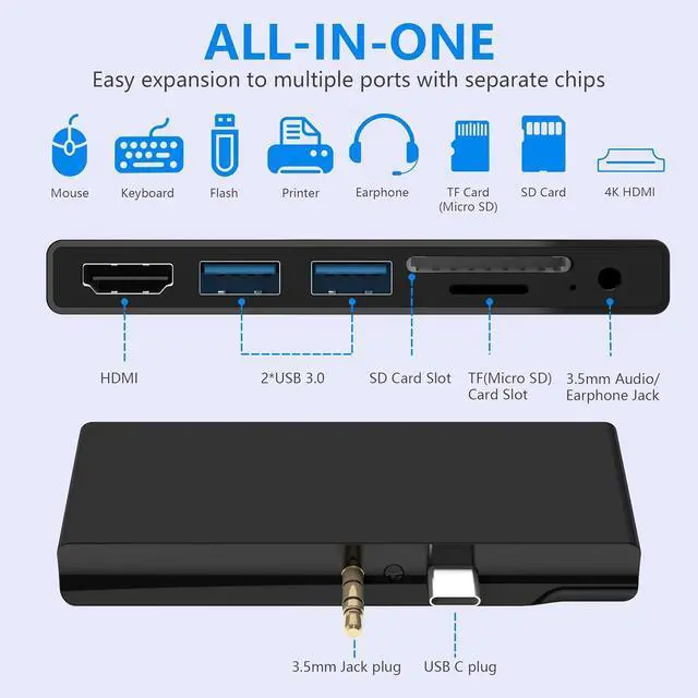 Alt view image 3 of 7 - Surface Go/Go 2/Go 3 Docking Station, 6 in 2 USB C Hub HDMI Adapter, Surface Go with 4K HDMI, 2 USB 3.0 Ports(5Gbps), 3.5mm Earphones Jack, SD/TF Card Reader for Surface Go1/Go 2/Go 3