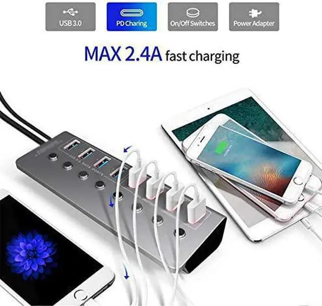 Alt view image 5 of 5 - Aluminum Alloy 8-Port USB3.0 Splitter 4 Port Laptop Extended USB HUB 4 Port Fast Charging Adapter External 12V 4A Power Supply