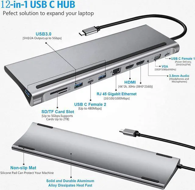 Alt view image 6 of 7 - USB C Docking Station Dual Monitor, Type C to Dual HDMI Adapter 12 in 1 USB C Hub with VGA, RJ45, 87W PD, USB Ports, SD/TF Card Reader, Audio and Type C Ports