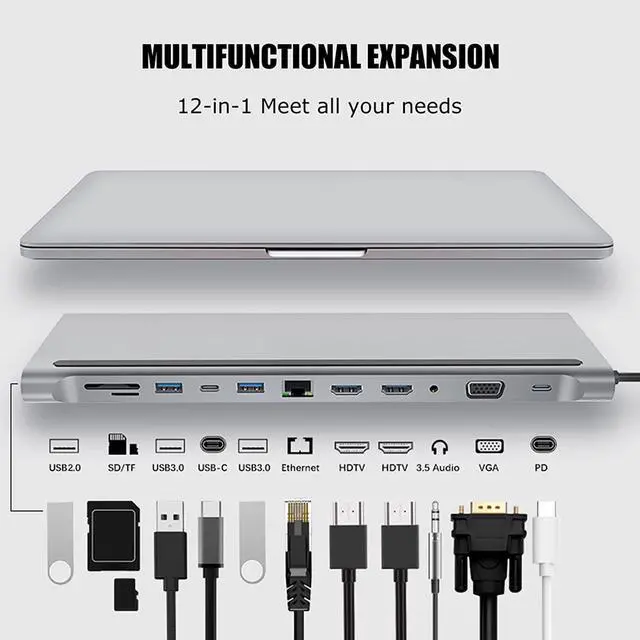 Alt view image 7 of 7 - 12-in-1 Docking Station Type-c to Dual Hdmi Same Screen Display USB Vga Pd Fast Charging Rj45 Docking Station.