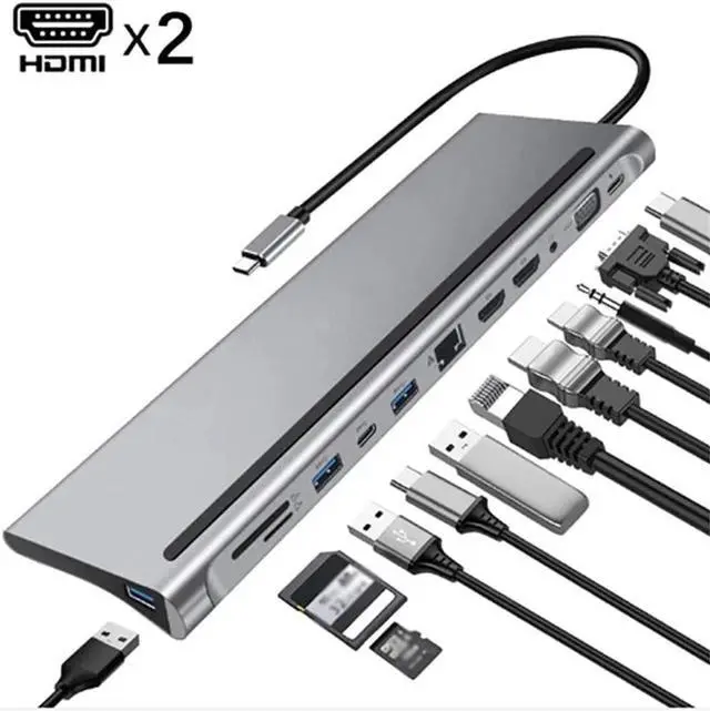 Alt view image 3 of 5 - SJYDQ 12 in 1 USB C Hub Laptop Docking Station Type-C to Dual HDMI-Compatible/VGA/USB 3.0 Hub/PD/RJ/Micro-SD/TF Card Dock Adapter