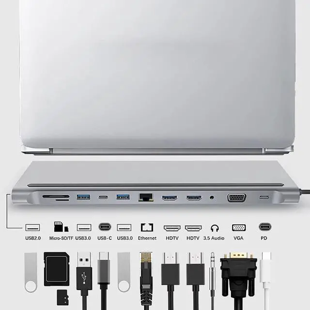 Alt view image 4 of 5 - SJYDQ 12 in 1 USB C Hub Laptop Docking Station Type-C to Dual HDMI-Compatible/VGA/USB 3.0 Hub/PD/RJ/Micro-SD/TF Card Dock Adapter