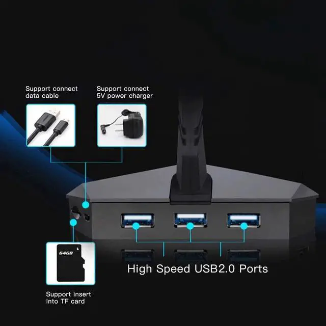 Alt view image 5 of 6 - LED Light 3-Port Bungee USB Hub Splitter SD Card Reader Mouse Clamp USB 2.0 Data Gaming HUB