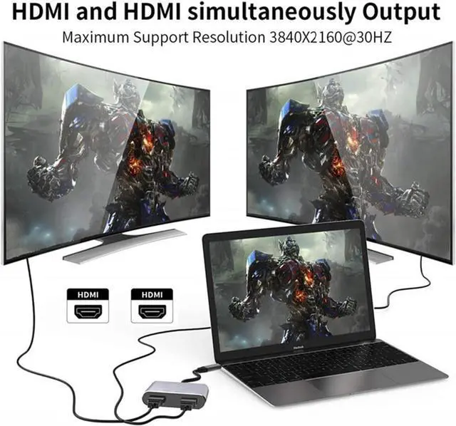 Alt view image 7 of 7 - USB C to Dual HDMI Adapter, 4 in 1 USB Type C Hub with 2 HDMI4K@30Hz/USB3.0 /PD Charging, Dual Screen Display USB-C Docking Station for Windows, MacOS