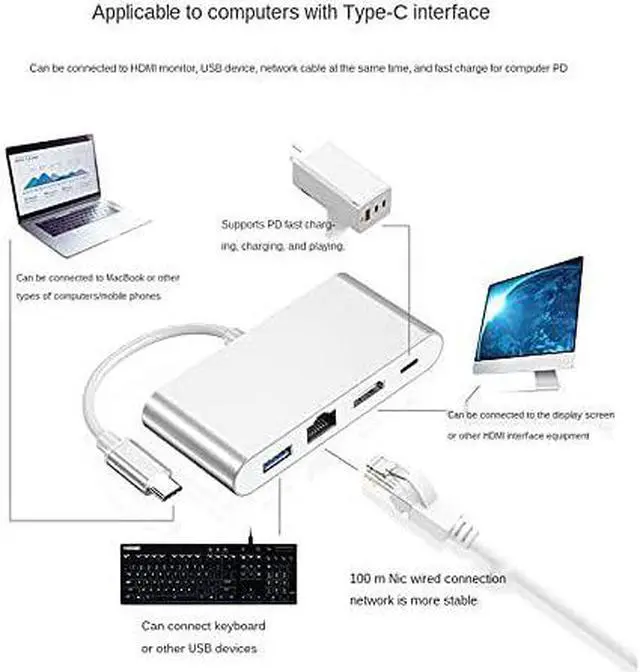 Alt view image 2 of 7 - TWDYC Type-C to HDMI-Compatible Four in One Converter Network Card Hub Docking Station HDMI-Compatible/USB Splitter 3.0 Hub