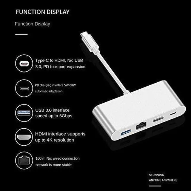 Alt view image 4 of 7 - TWDYC Type-C to HDMI-Compatible Four in One Converter Network Card Hub Docking Station HDMI-Compatible/USB Splitter 3.0 Hub