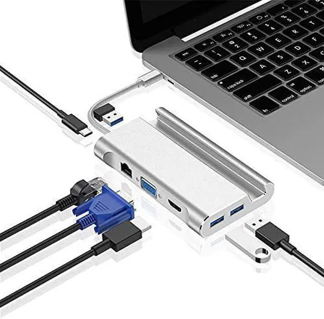 Alt view image 2 of 5 - Type-C Docking Station Mobile Phone Bracket USB Splitter Hub Expands HDMI-Compatible + Network Port + VGA + Hub