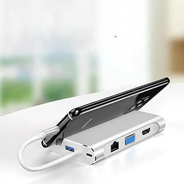 Alt view image 4 of 5 - Type-C Docking Station Mobile Phone Bracket USB Splitter Hub Expands HDMI-Compatible + Network Port + VGA + Hub