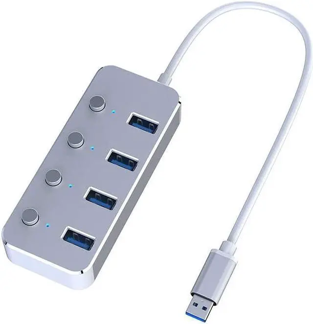 Main image of USB Hub Aluminum Alloy 4 Port USB 3.0 Hub Sub-Control Switch HUB 60/120cm Cable Upto 5Gbps Splitter (Color : Silver) (Silver)