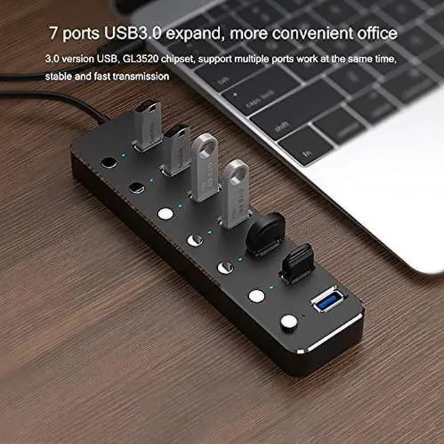 Alt view image 3 of 5 - Aluminum 7-Port USB 3.0 Hub 120cm Cable Sub-Control Switch 5Gbps LED Indicator HUB Chargeable Splitter for Multi USB Devices (Color : Silver)