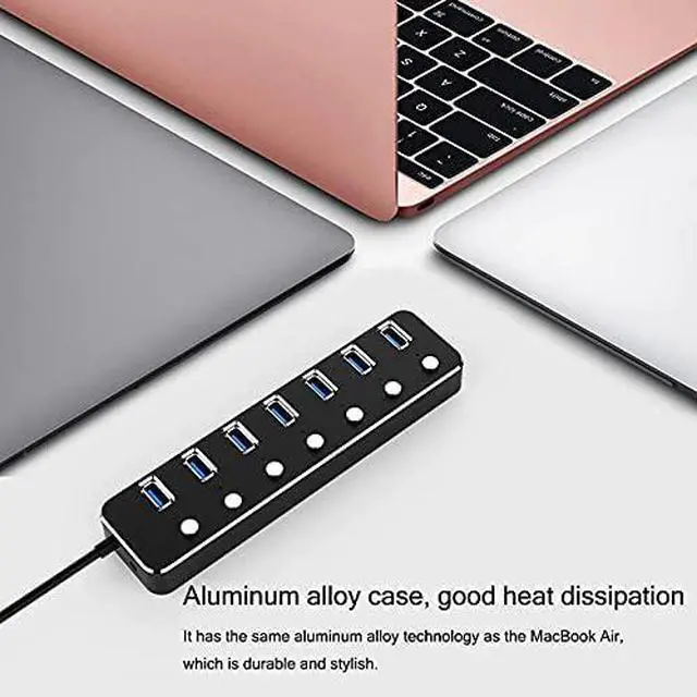 Alt view image 4 of 5 - Aluminum 7-Port USB 3.0 Hub 120cm Cable Sub-Control Switch 5Gbps LED Indicator HUB Chargeable Splitter for Multi USB Devices (Color : Silver)