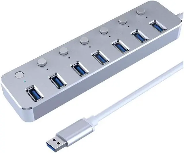 Main image of Aluminum 7-Port USB 3.0 Hub 120cm Cable Sub-Control Switch 5Gbps LED Indicator HUB Chargeable Splitter for Multi USB Devices (Color : Silver)