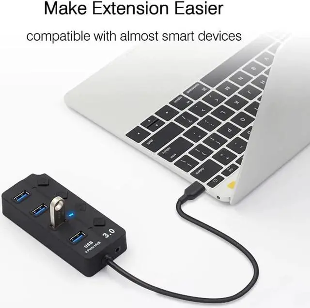 Alt view image 3 of 5 - USB 3.0 Hub Splitter 4 Port High Speed Individual On/Off Switch AC Power Adapter for Laptop PC
