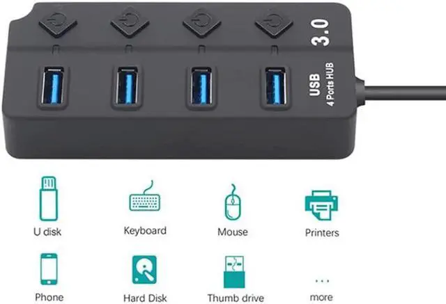 Alt view image 4 of 5 - USB 3.0 Hub Splitter 4 Port High Speed Individual On/Off Switch AC Power Adapter for Laptop PC