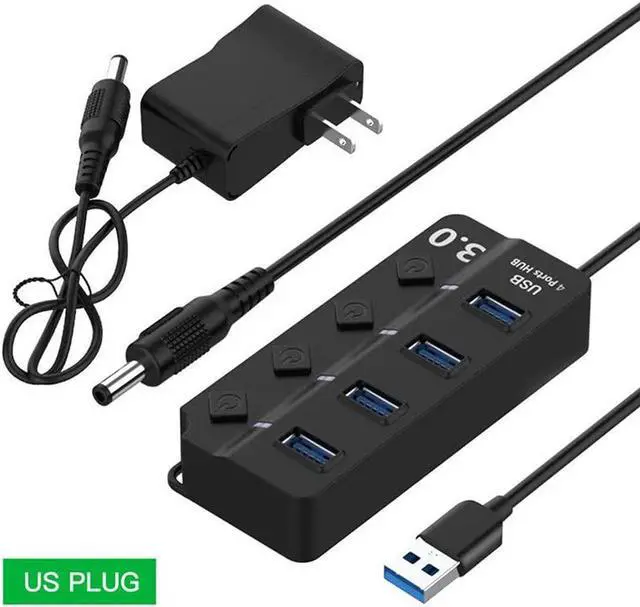 Alt view image 5 of 5 - USB 3.0 Hub Splitter 4 Port High Speed Individual On/Off Switch AC Power Adapter for Laptop PC