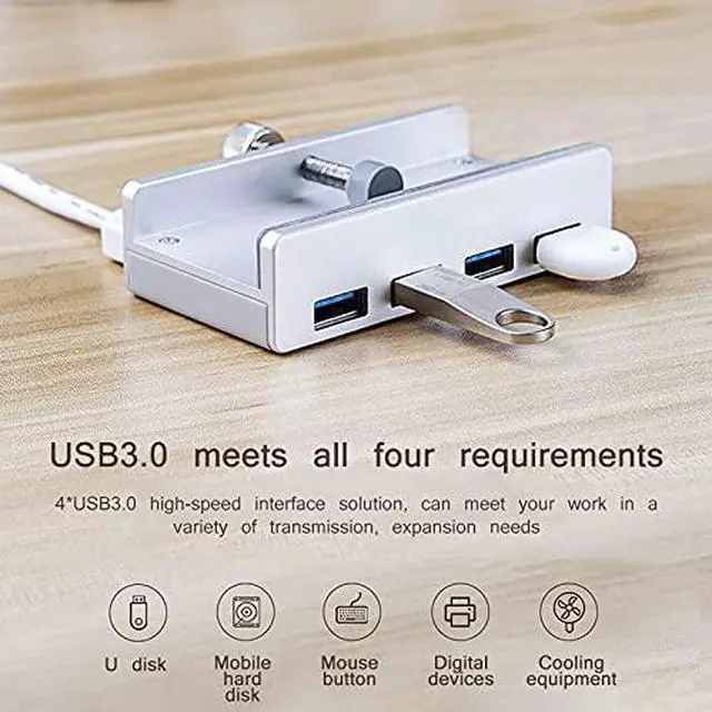 Alt view image 3 of 7 - Aluminum 4 Port Multifunctional USB 3.0 Clip-Type USB C HUB for Desktop Laptop Clip Range