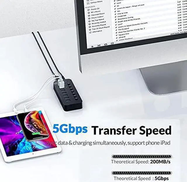 Alt view image 4 of 6 - 7 Port Powered USB 3.0 HUB BC1.2 Charger Splitter with Individual on/Off Switches and 12V/2A Power Adapter for PC Computer