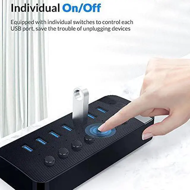 Alt view image 6 of 6 - 7 Port Powered USB 3.0 HUB BC1.2 Charger Splitter with Individual on/Off Switches and 12V/2A Power Adapter for PC Computer