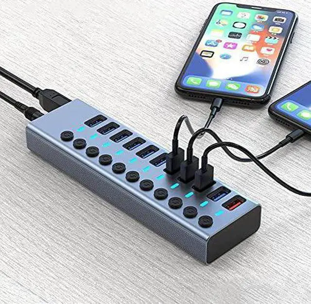 Alt view image 3 of 7 - Aluminum Alloy 11-Port USB3.0 Splitter 10 Port Computer Extended USB HUB 1 Port Fast Charging External 12V4A Power Supply