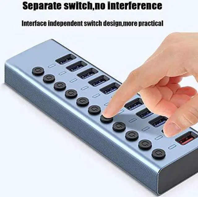 Alt view image 7 of 7 - Aluminum Alloy 11-Port USB3.0 Splitter 10 Port Computer Extended USB HUB 1 Port Fast Charging External 12V4A Power Supply