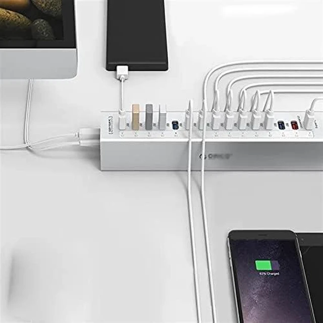Alt view image 3 of 5 - Aluminum 13 Port Multi USB3.0 HUB Splitter with 12V/5A Independent Power Supply 2 Charging Port