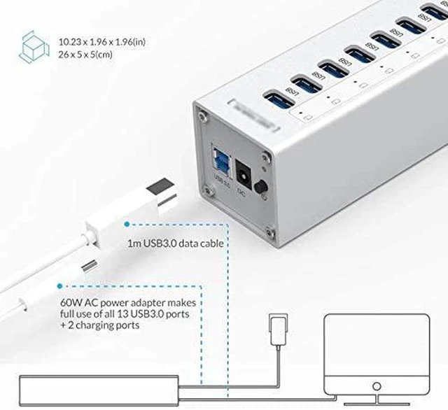 Alt view image 4 of 6 - Aluminum 13 Port Multi USB3.0 HUB Splitter with 12V/5A Independent Power Supply 2 Charging Port